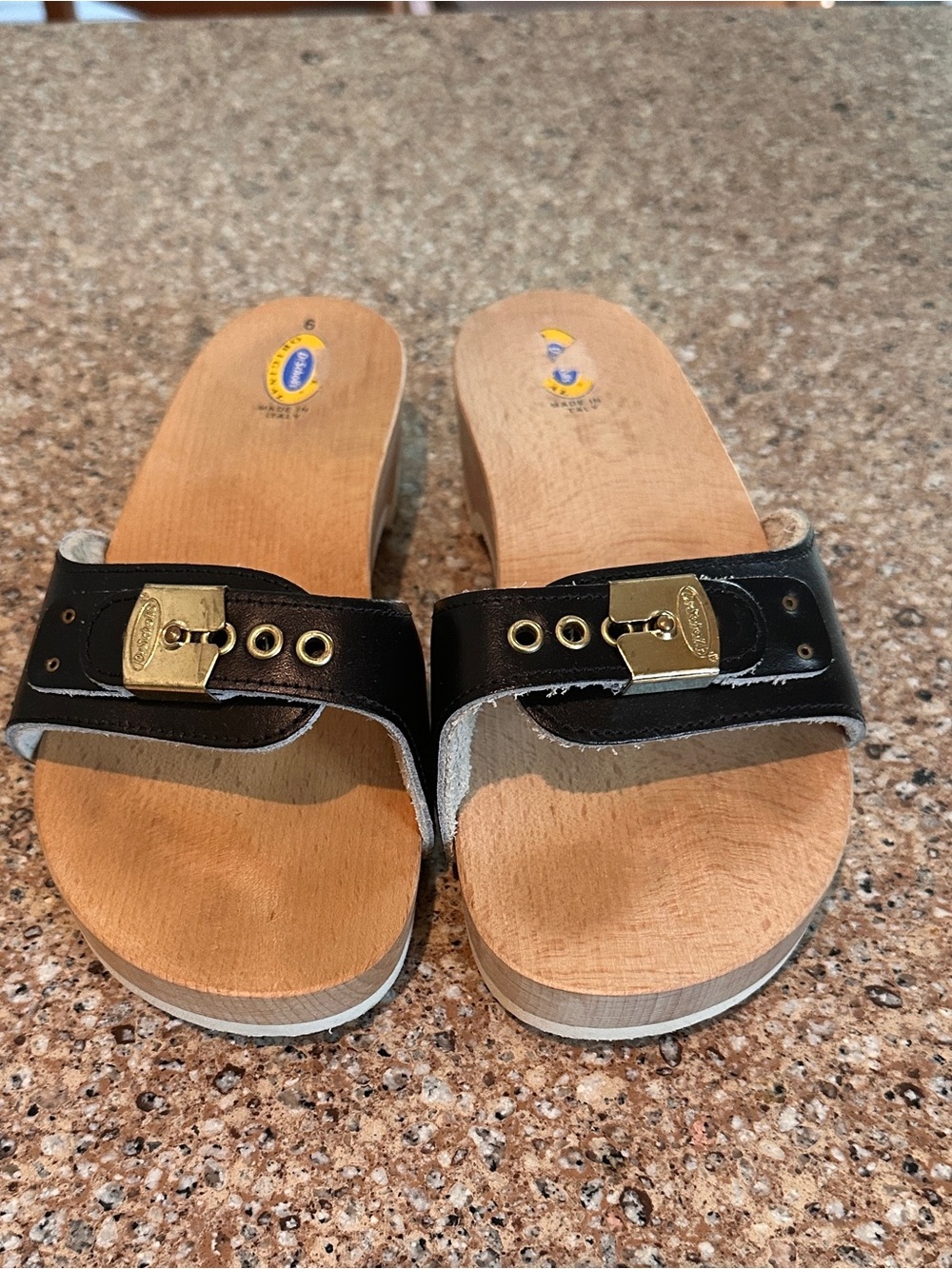 The Original Dr Scholl's Made In Italy Sandal Flip Flop Wood Black Leather